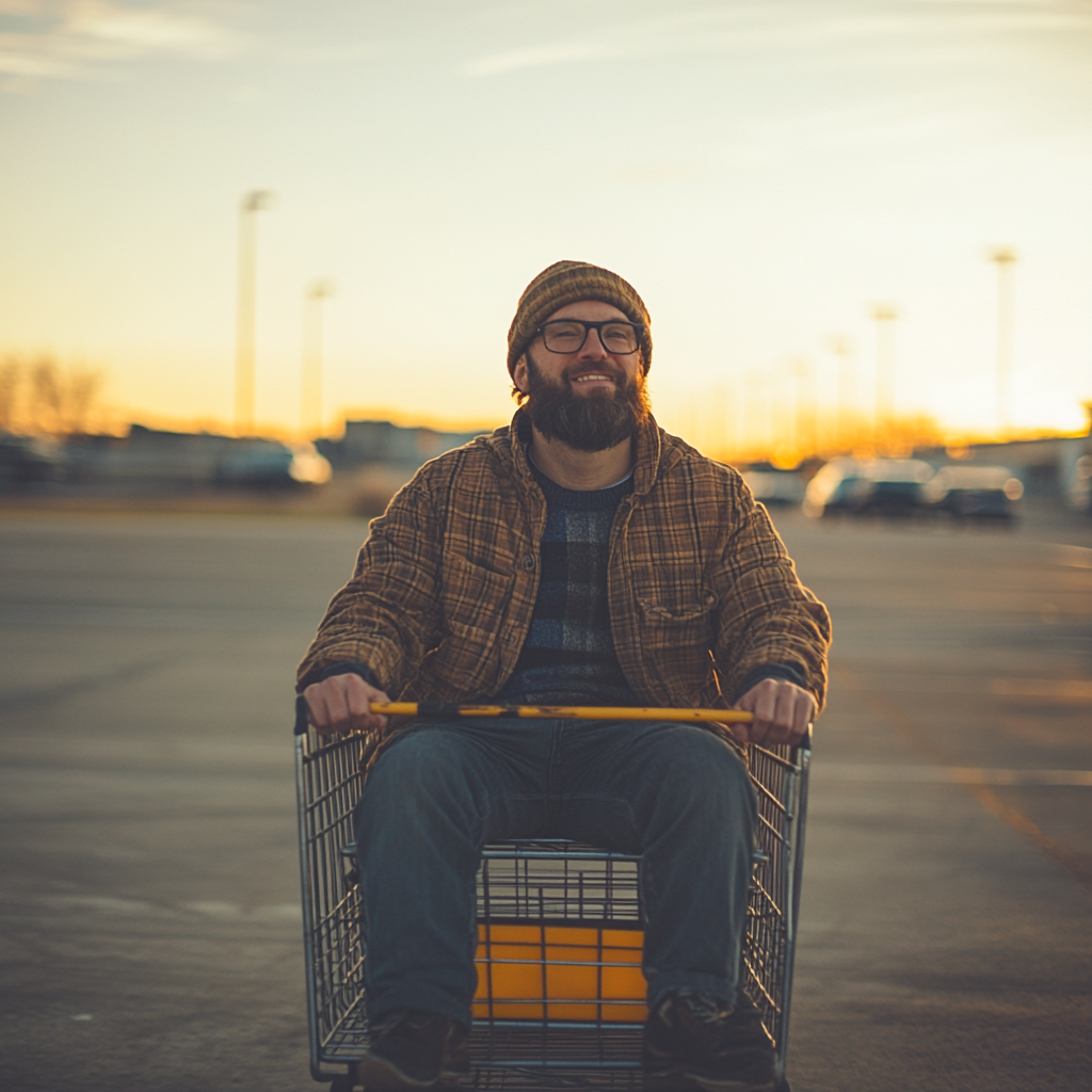 A happy man riding shopping cart in parking lot.