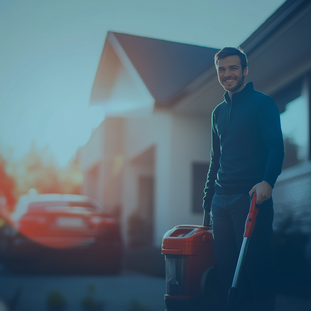 A happy man with a car and house.