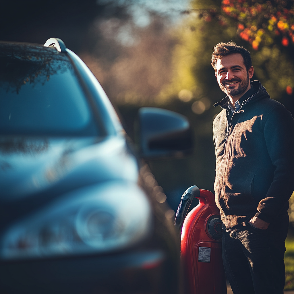 A happy man with a car on a sunny day