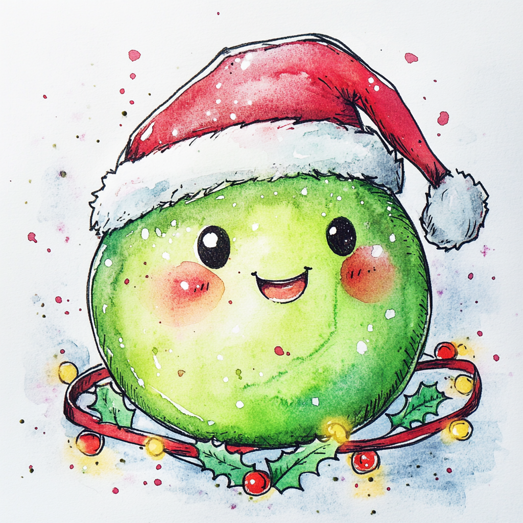 A happy pea with Santa hat and ribbon.