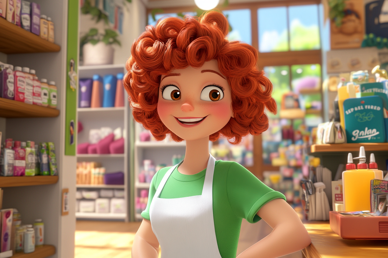 A happy red-haired cartoon character at her store