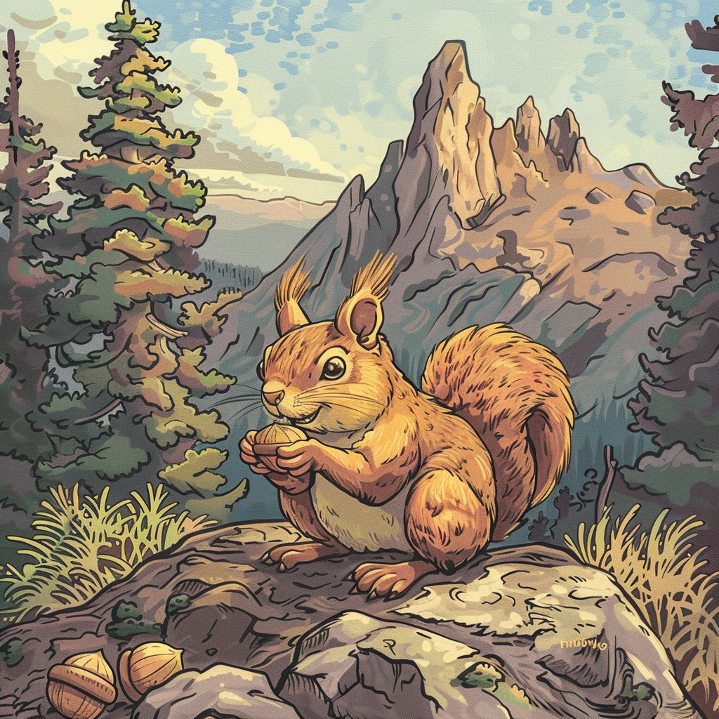 A happy squirrel eating acorn on vibrant mountain.