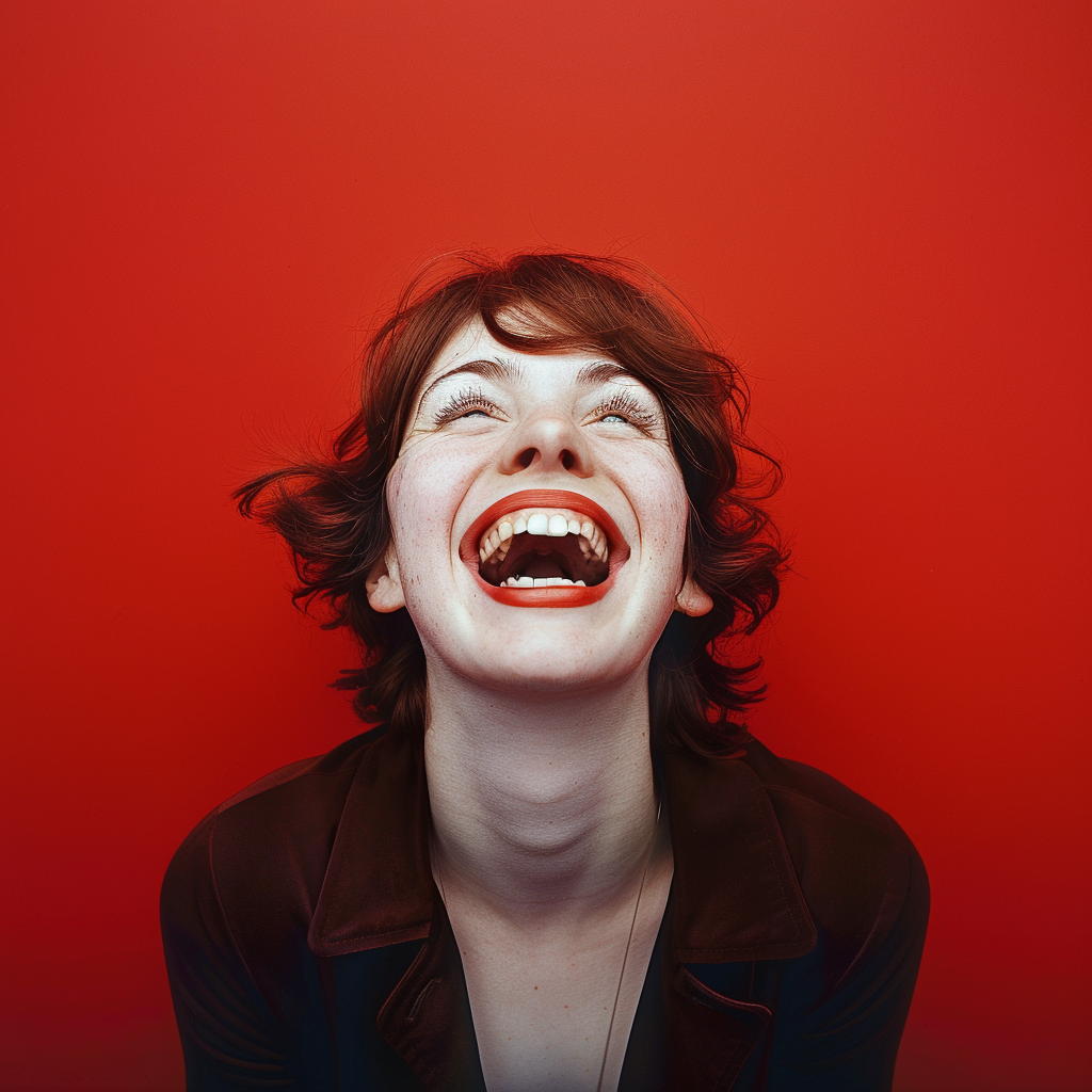 A happy woman in front of red backdrop.