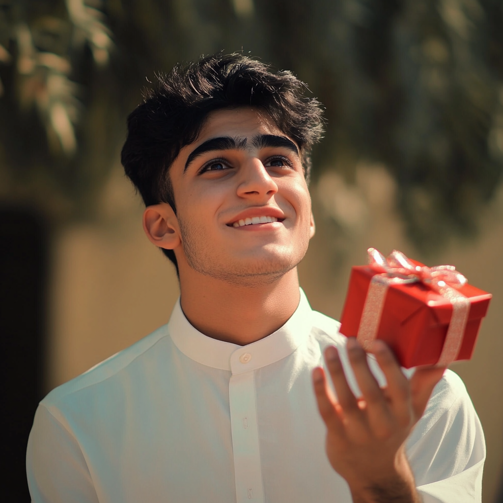 A happy young man holding surprise gift box.