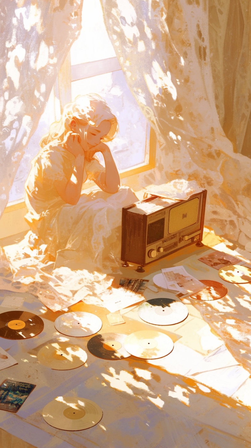 A happy young person sitting by vintage radio.