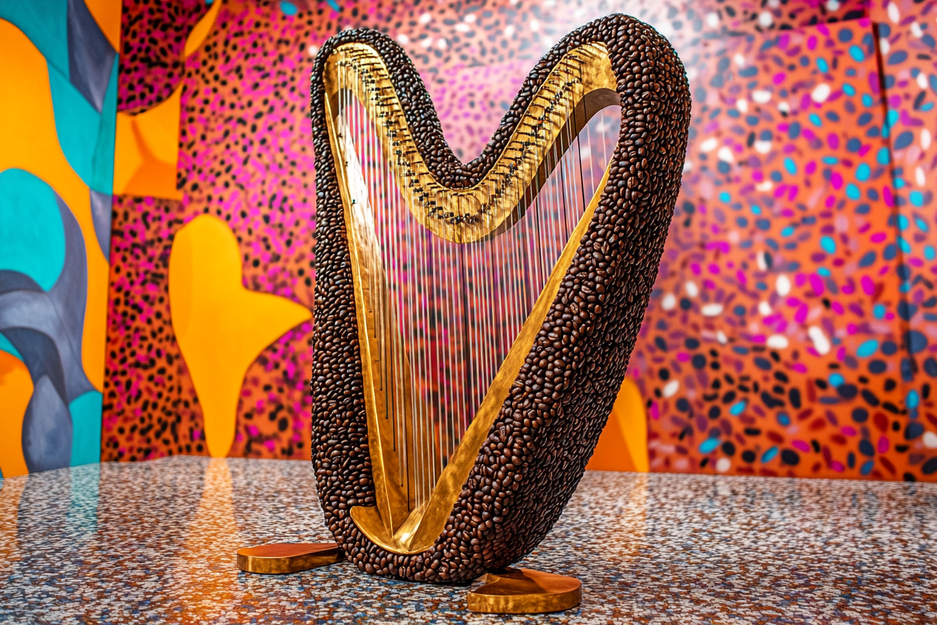 A harp made from coffee beans on colorful wall