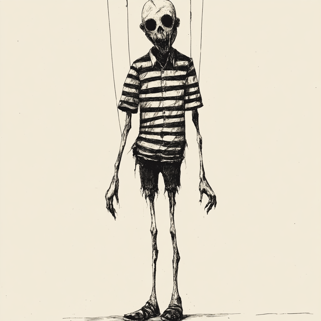 A haunting marionette in striped shirt and sandals.