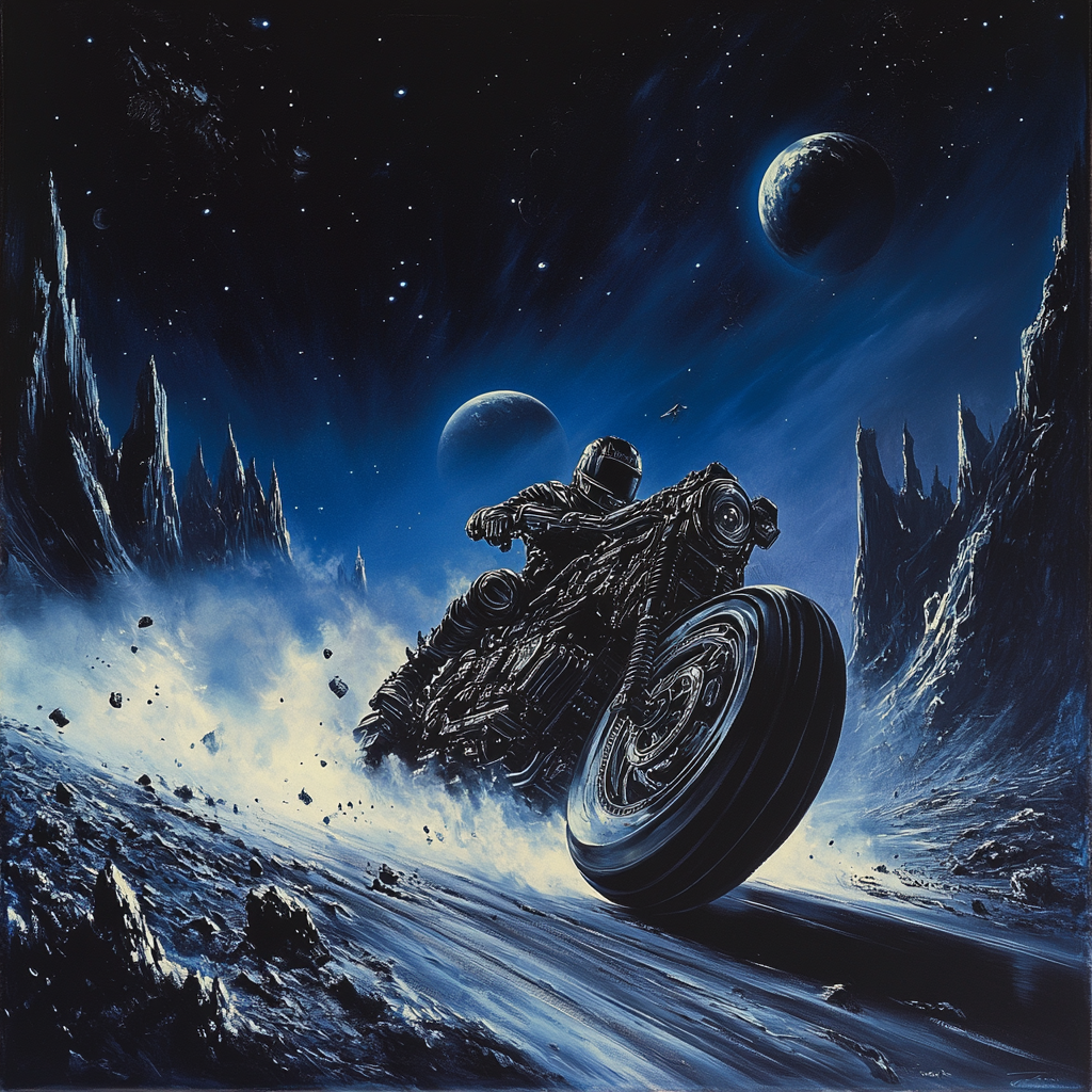 A heavily armored futuristic motorcycle speeds through space.