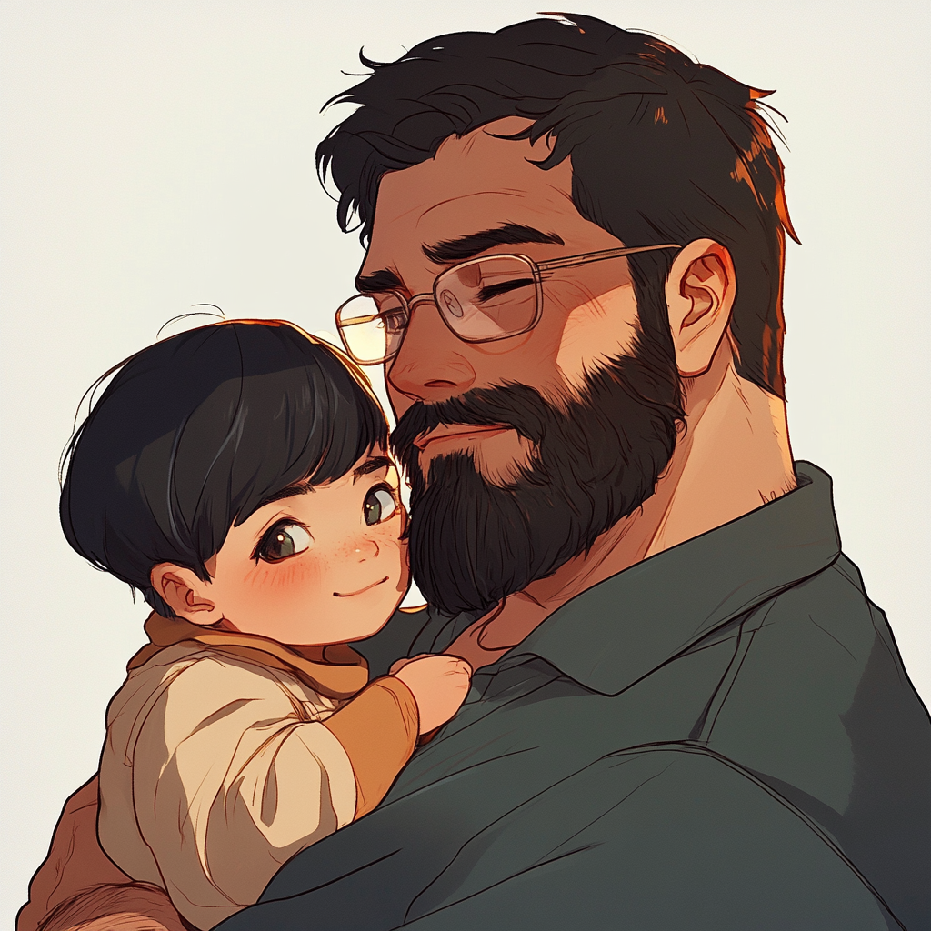 A heavy Dad with black hair and glasses