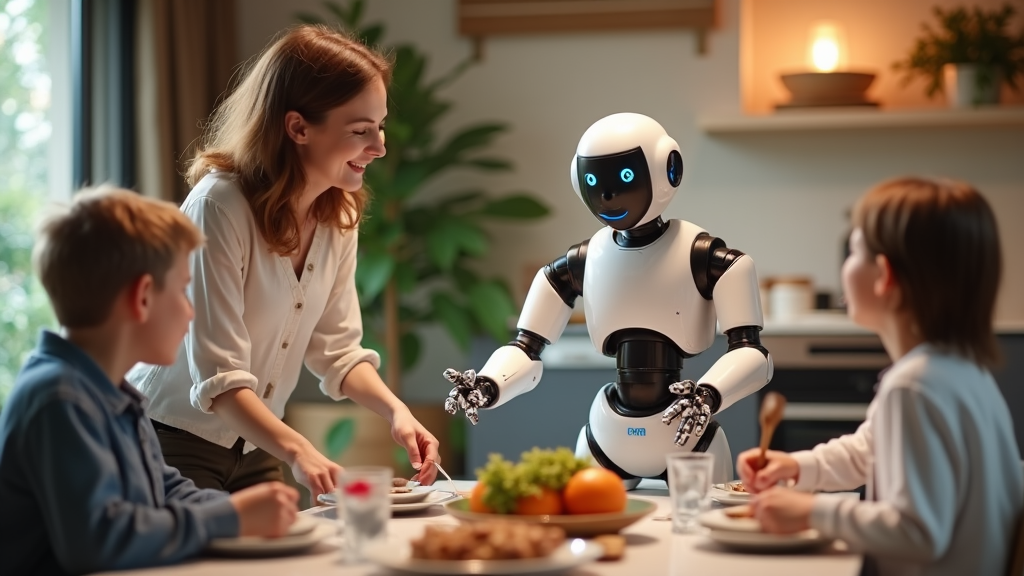 A helpful robot setting dinner table for family.