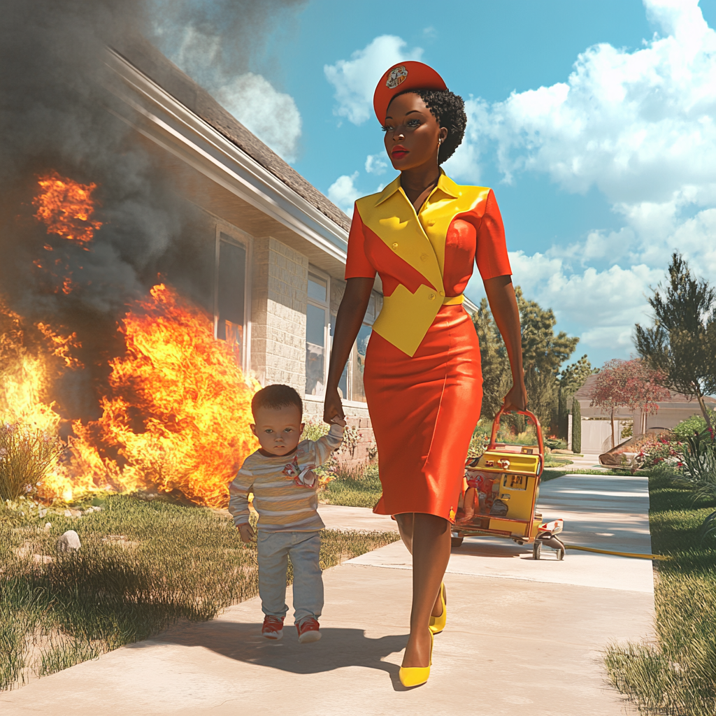 A hero black woman saving toddler from fire.