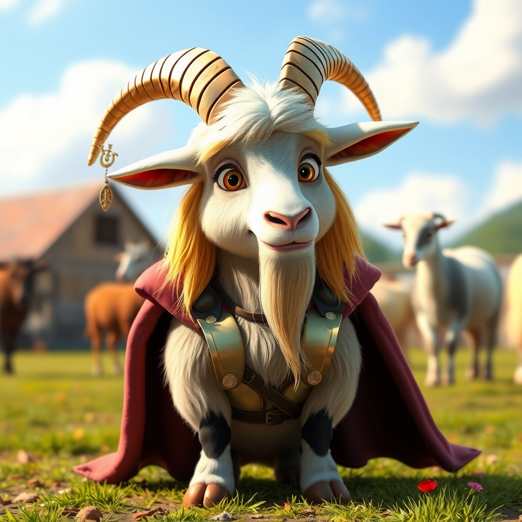 A heroic goat Thor in a colorful farmyard.