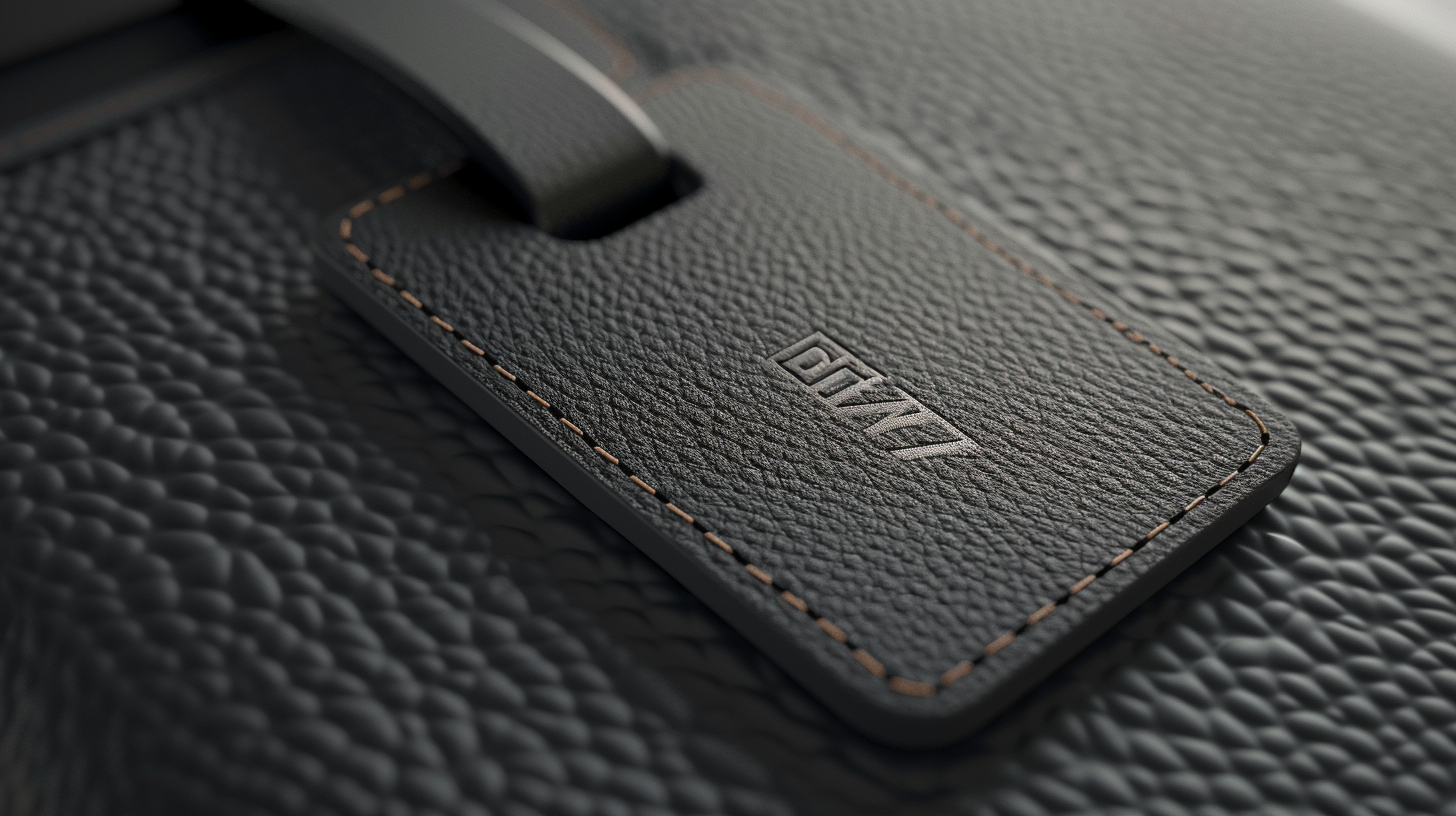 A high-quality leather luggage tag with embossed logo