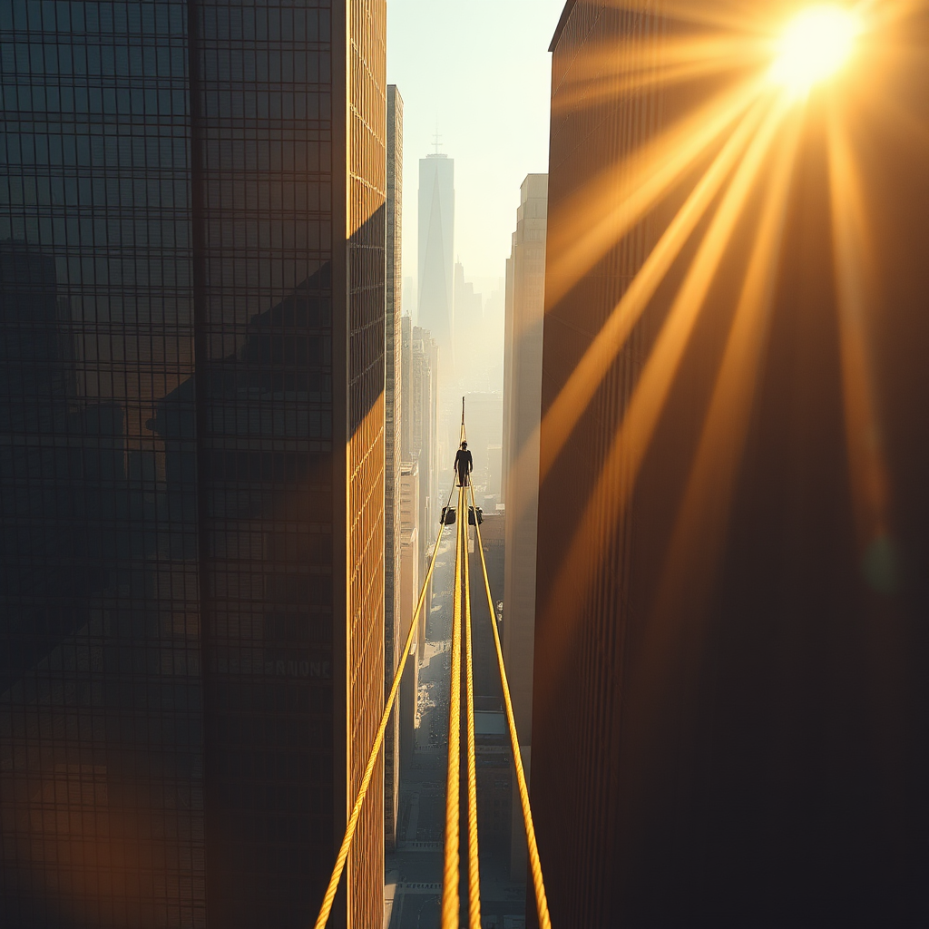 A high-wire artist crossing skyscrapers' tightrope.