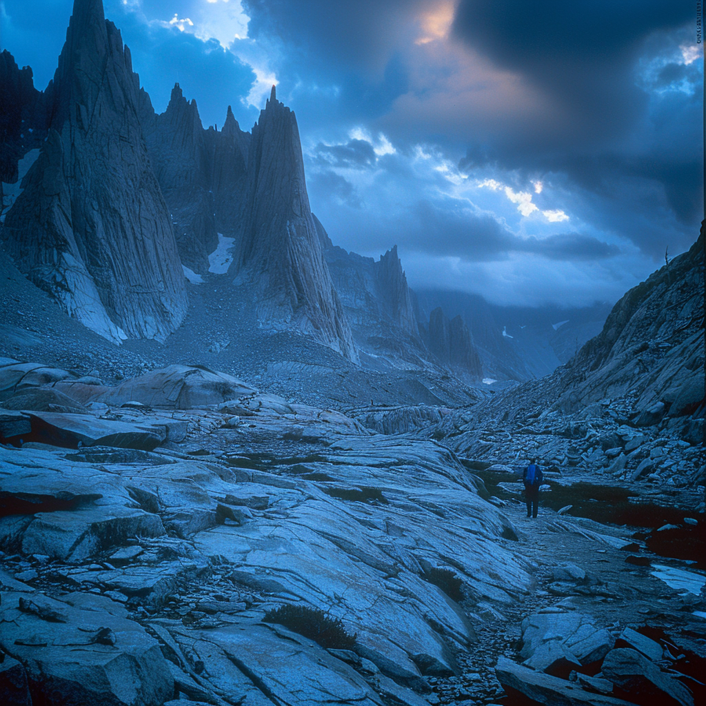 A hiker in wide shot, blue and orange tones.