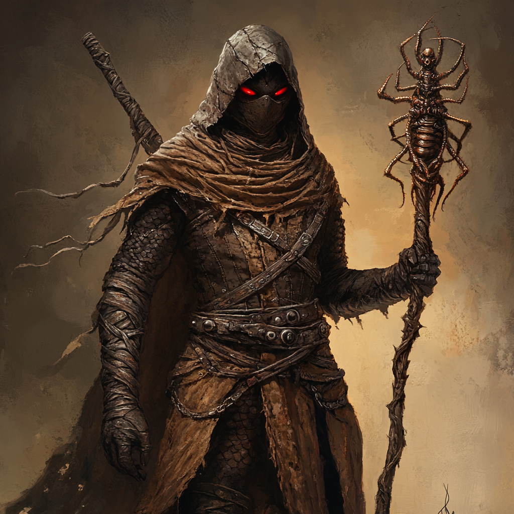 A hooded figure with red eyes holding an ornate staff.