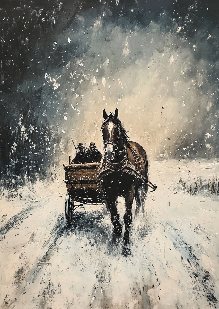 A horse pulling sleigh in snowy countryside.