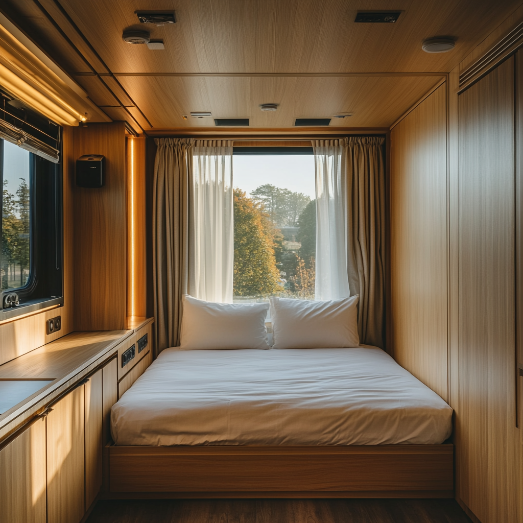 A hotel room in a shipping container with oak panels