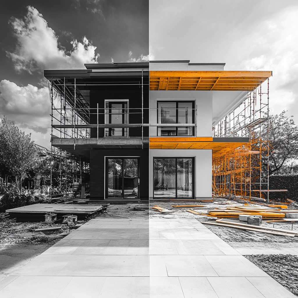 A house half colored, half black, white, under construction.