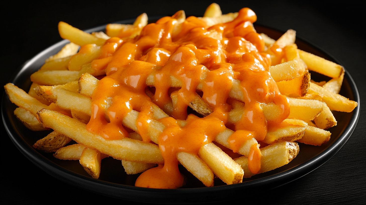 A huge tray of fries with cheddar sauce.