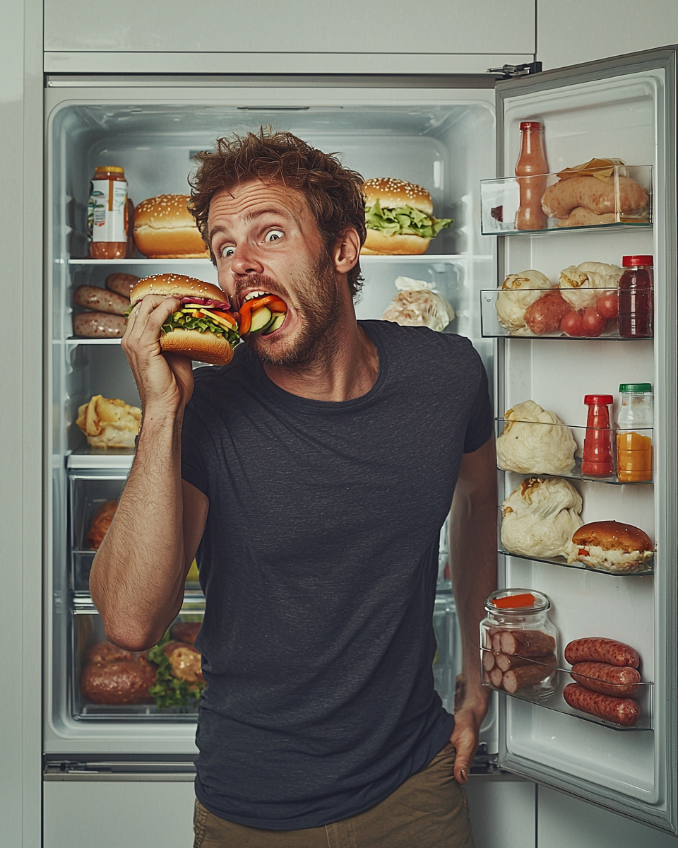 A hungry man eating a burger by the fridge.