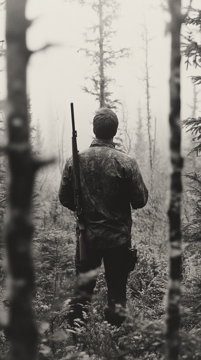 A hunter with rifle aiming in Alaskan forest.