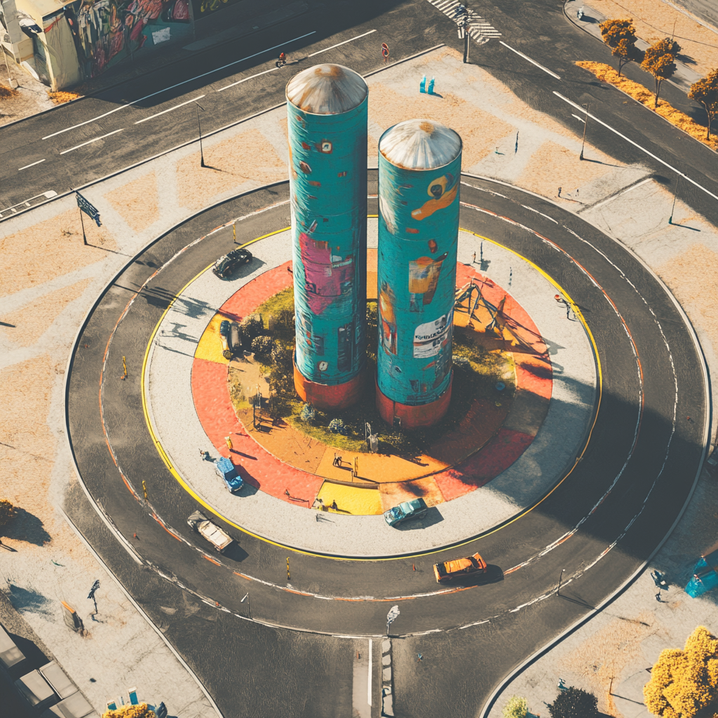 A hyper-realistic small roundabout with mini silos art