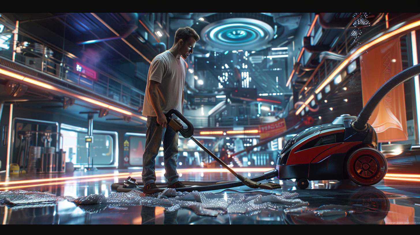 A janitor cleaning advanced superhero battle arena.