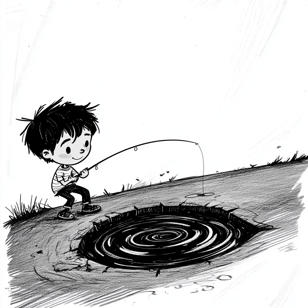 A joyful boy fishing in pothole on road