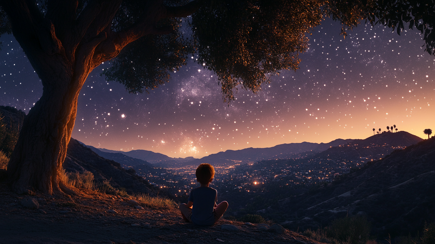 A kid staring at stars under Hollywood hills.