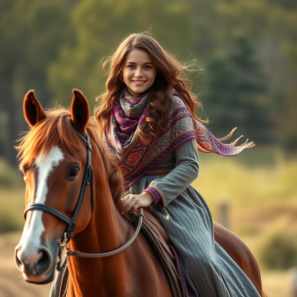 A kind Iranian Muslim girl smiling while riding horse.