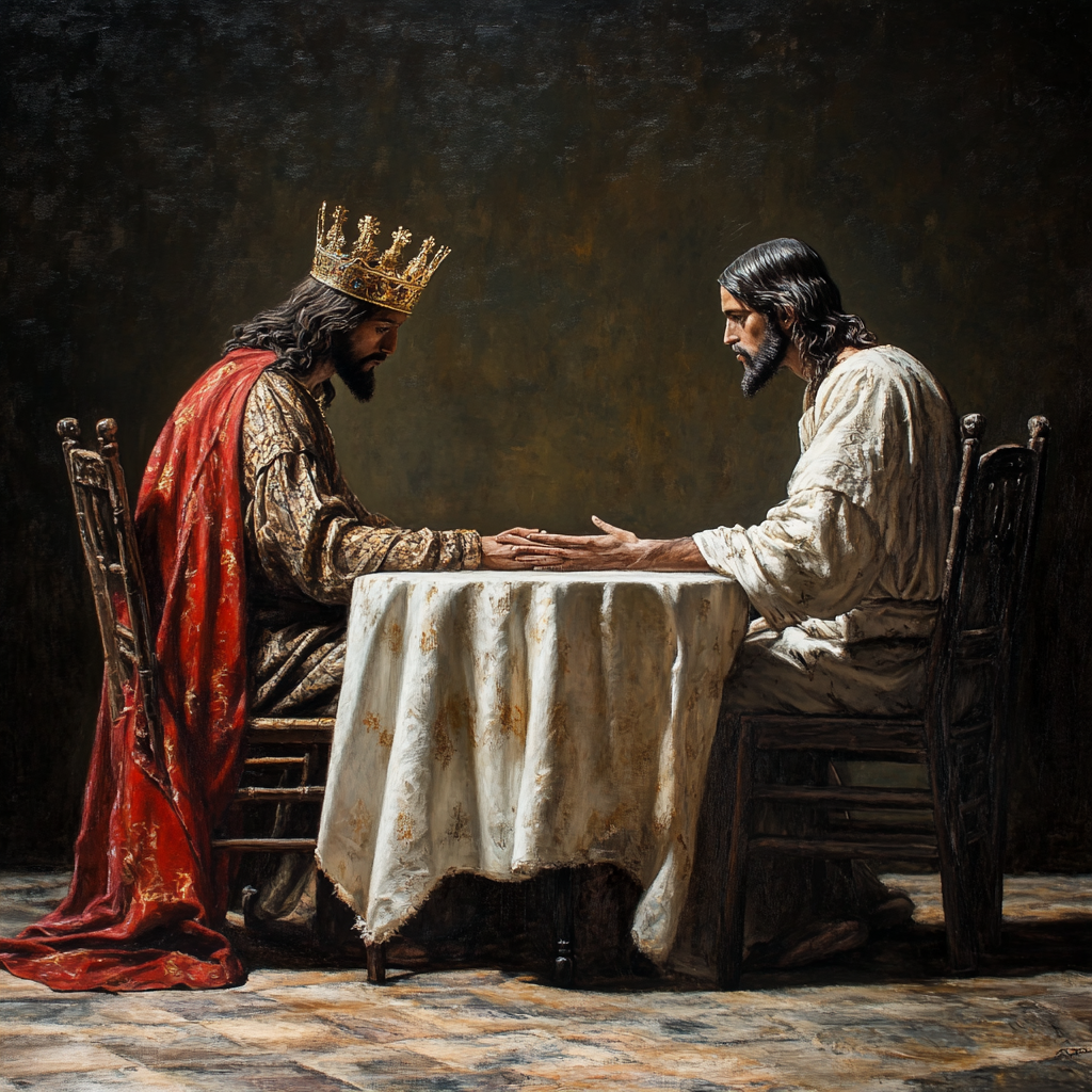 A king-like Jesus sitting at a table.