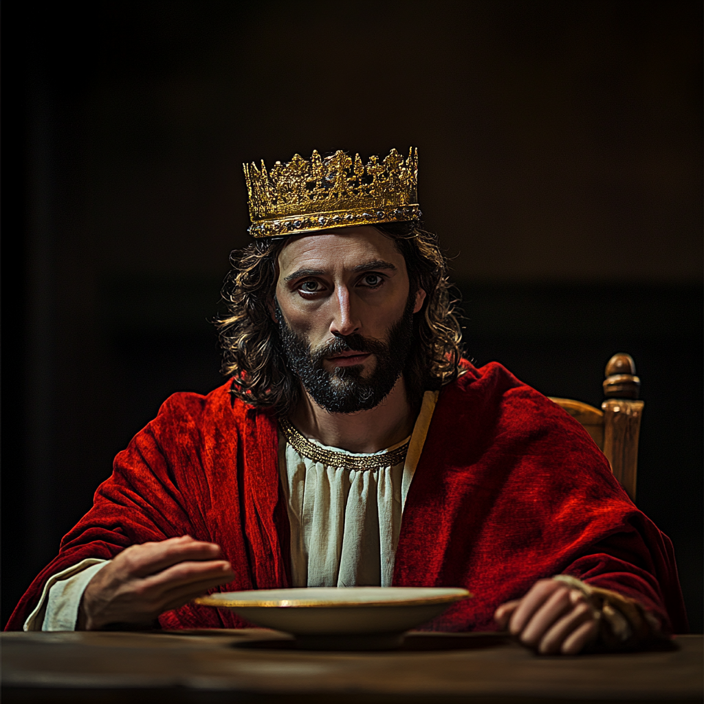 A king-like Jesus sitting at table.