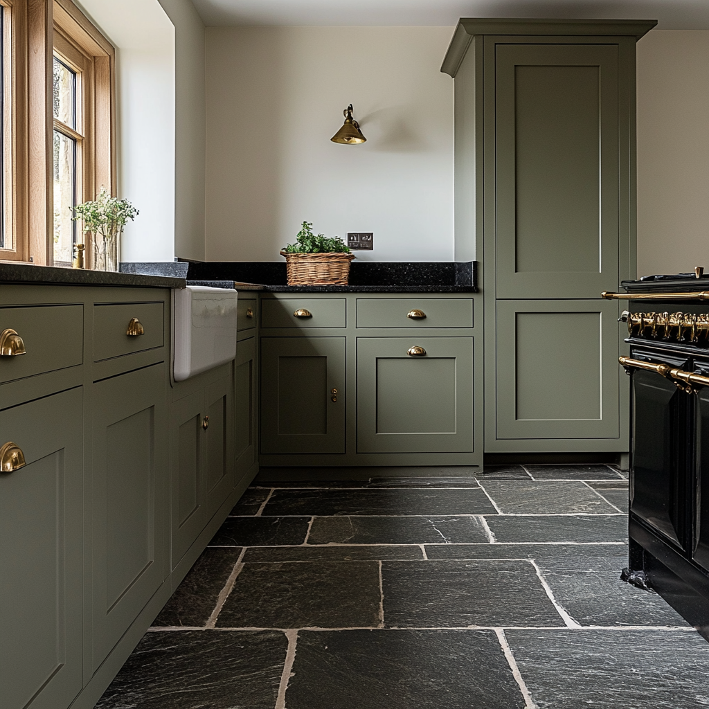 A kitchen with green cabinets, brass handles and tiles.