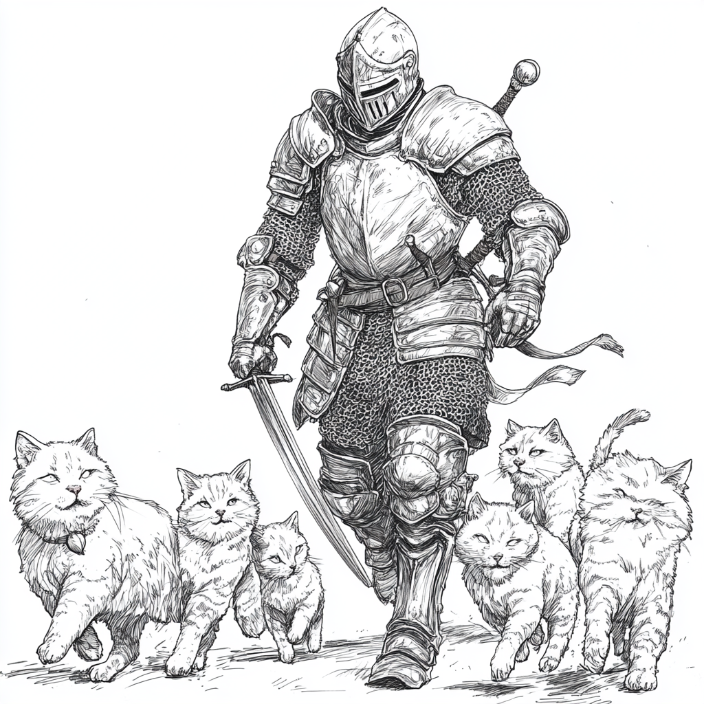 A knight in armor with five cats.