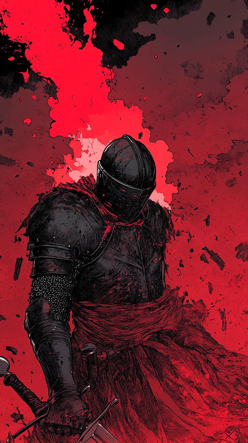 A knight in black armor in agony.