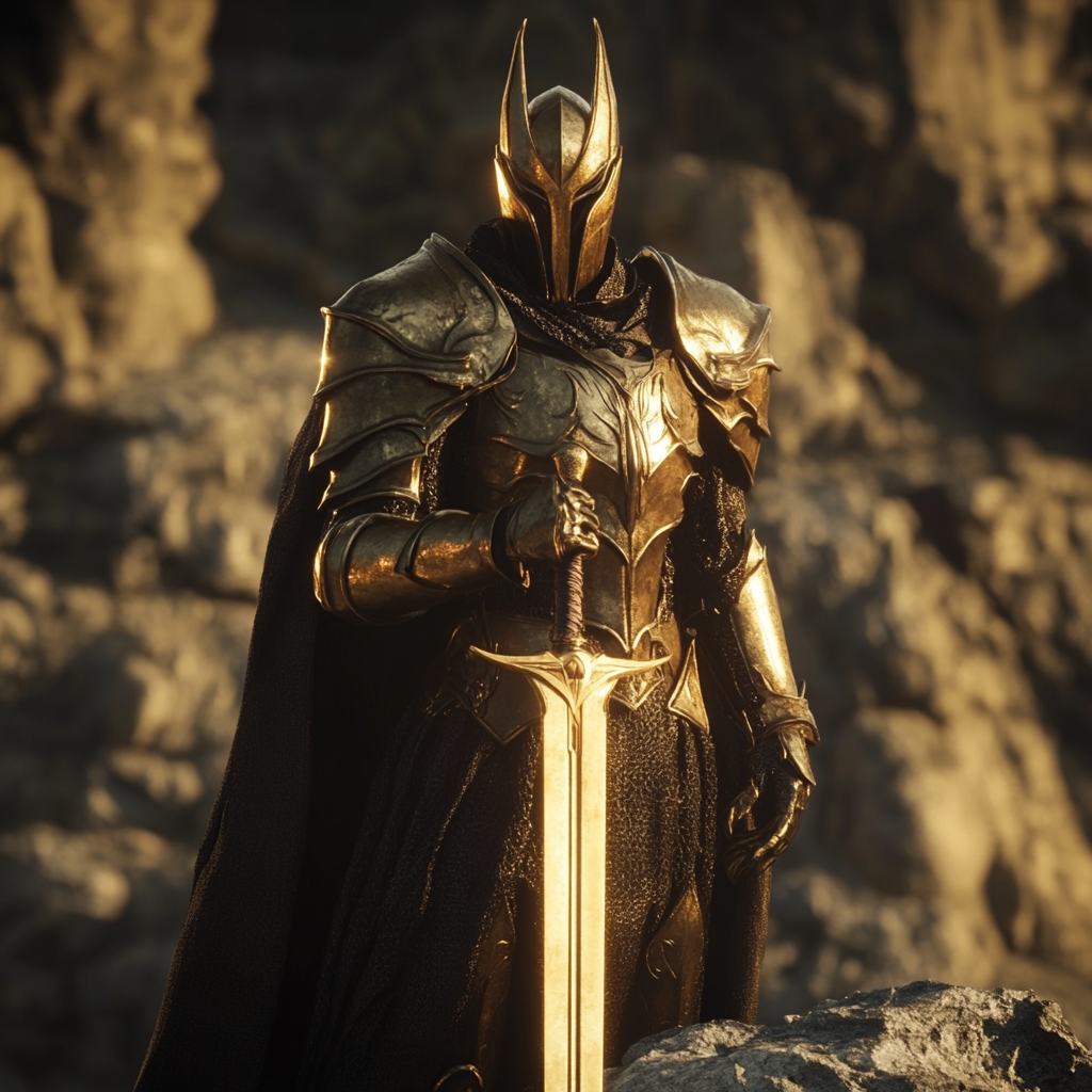 A knight in gold armor holds sword in rock