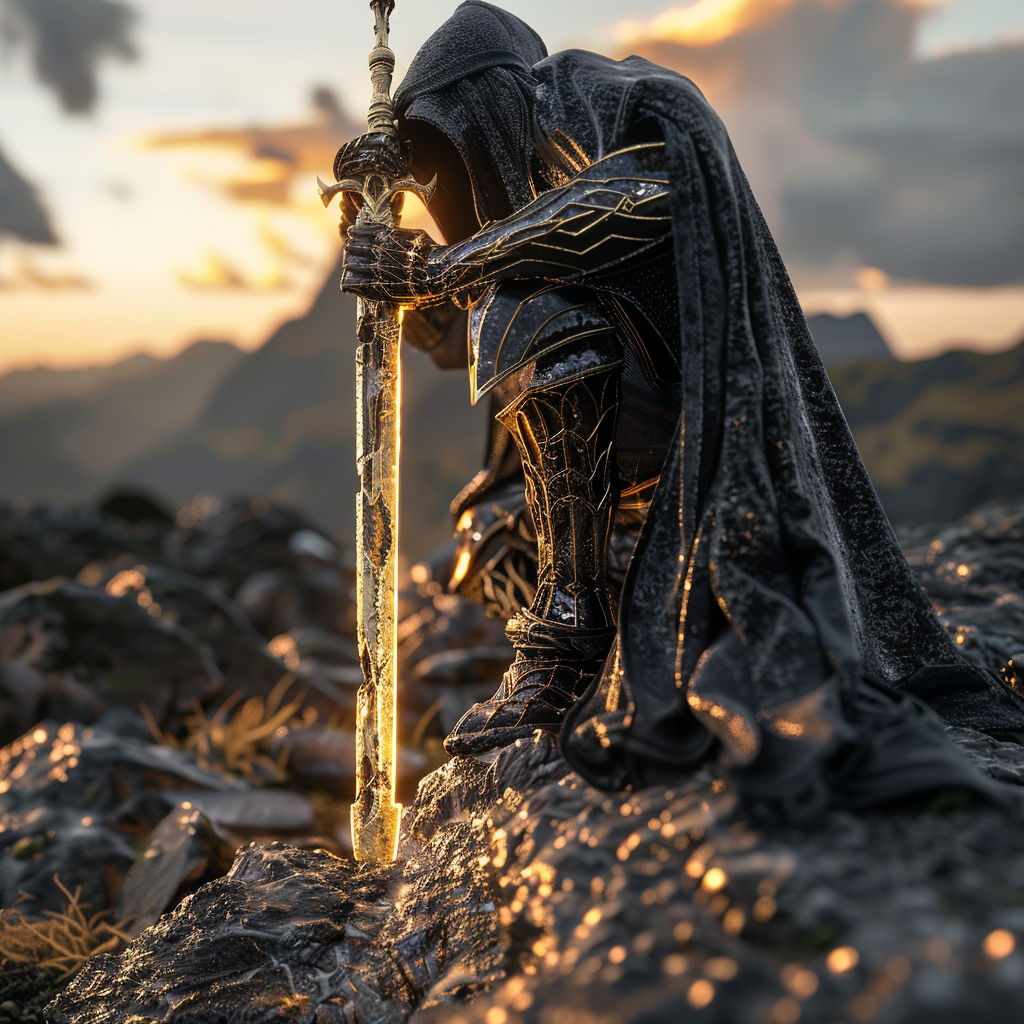 A knight like Sauron holding golden sword in rock