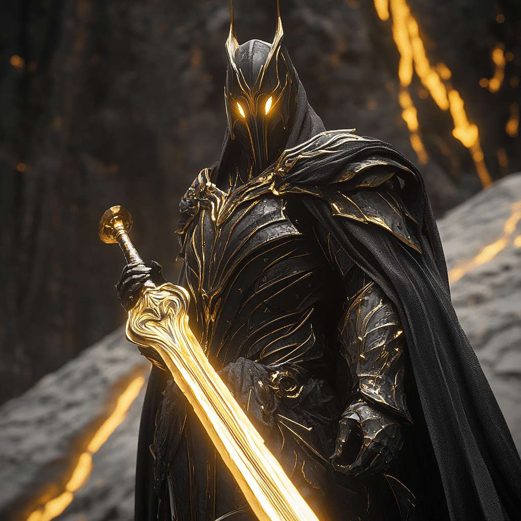 A knight resembling Sauron in glittering armor