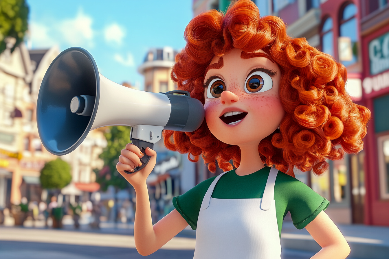 A lady chef with red hair calling customers