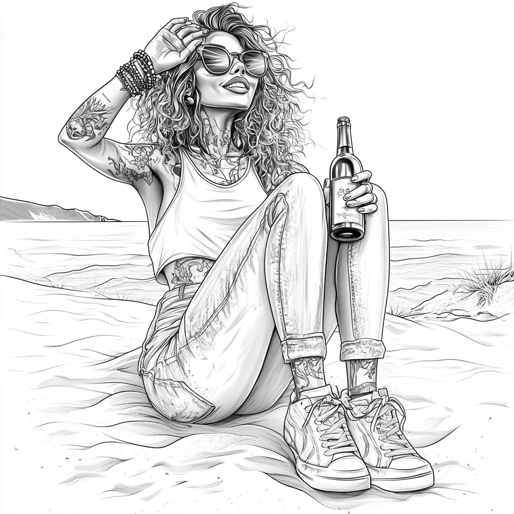 A lady enjoying sunset at beach vector drawing