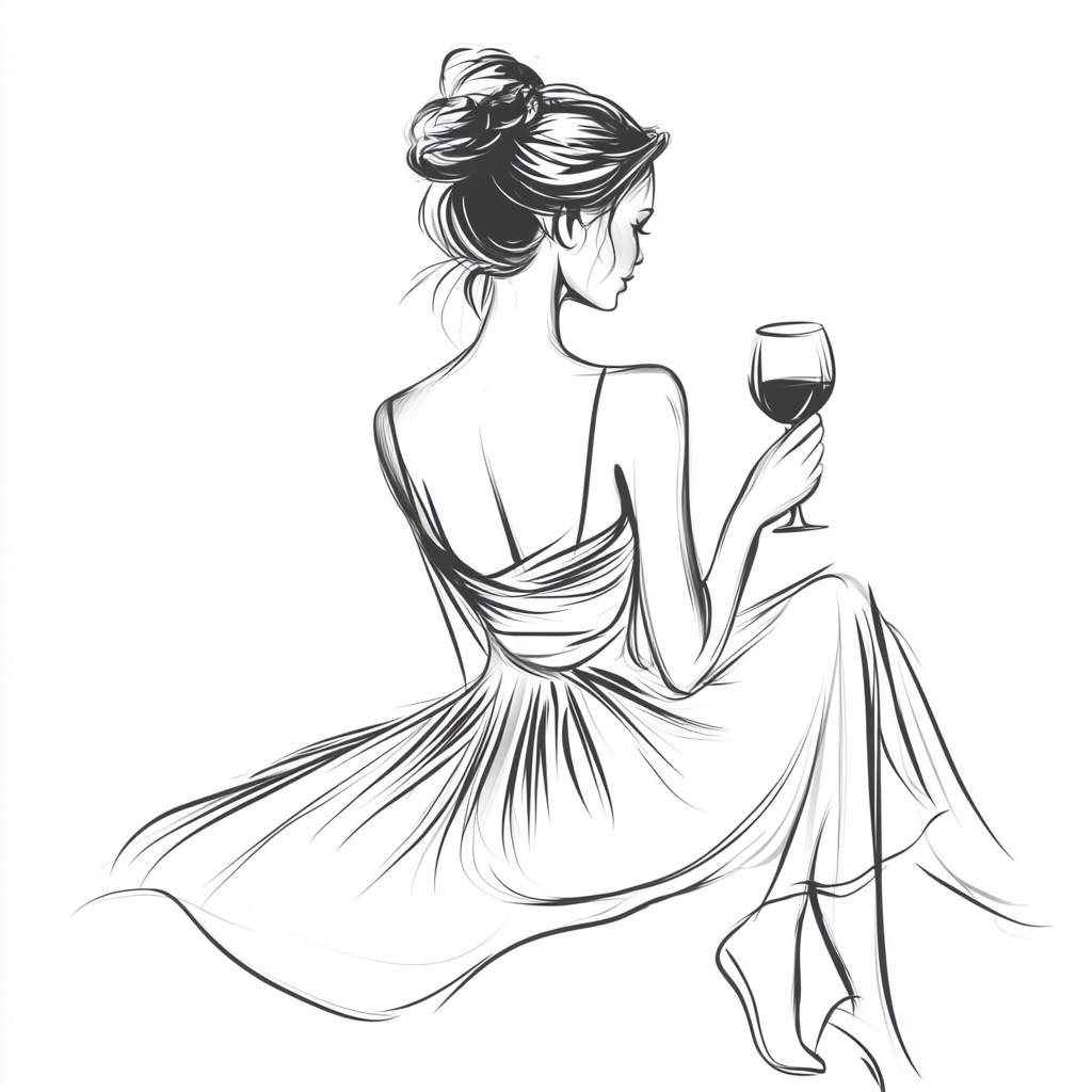 A lady in dress talks to herself with wine.