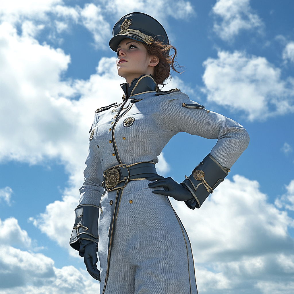 A lady sailor in gray uniform poses dramatically