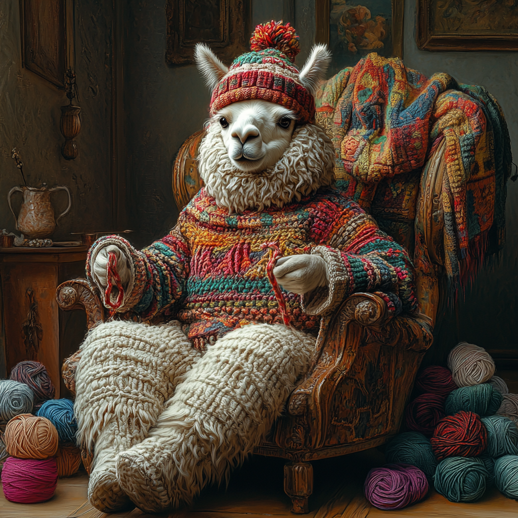 A lama knitting in a cozy chair