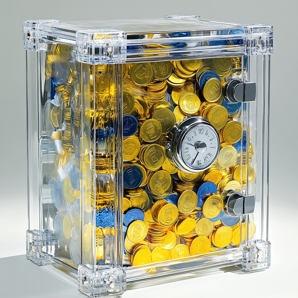 A large clear safe with yellow and blue coins.