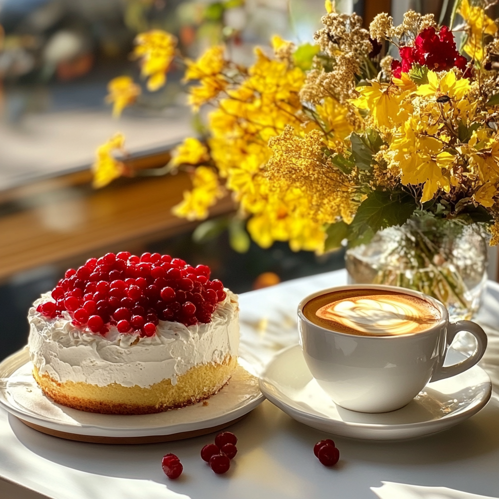 A large cup of coffee and beautiful cake.