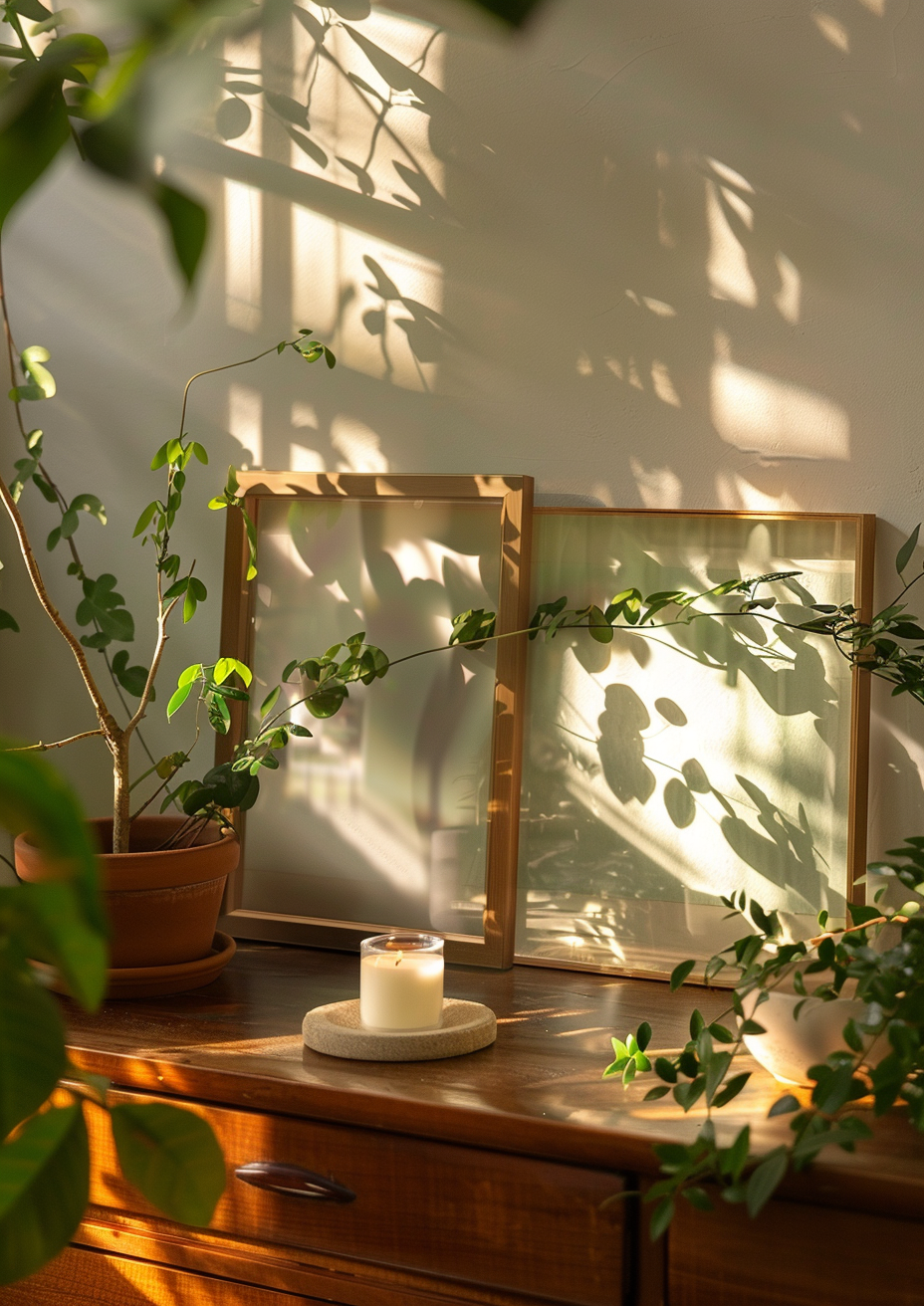 A large empty frame on dresser with candle.