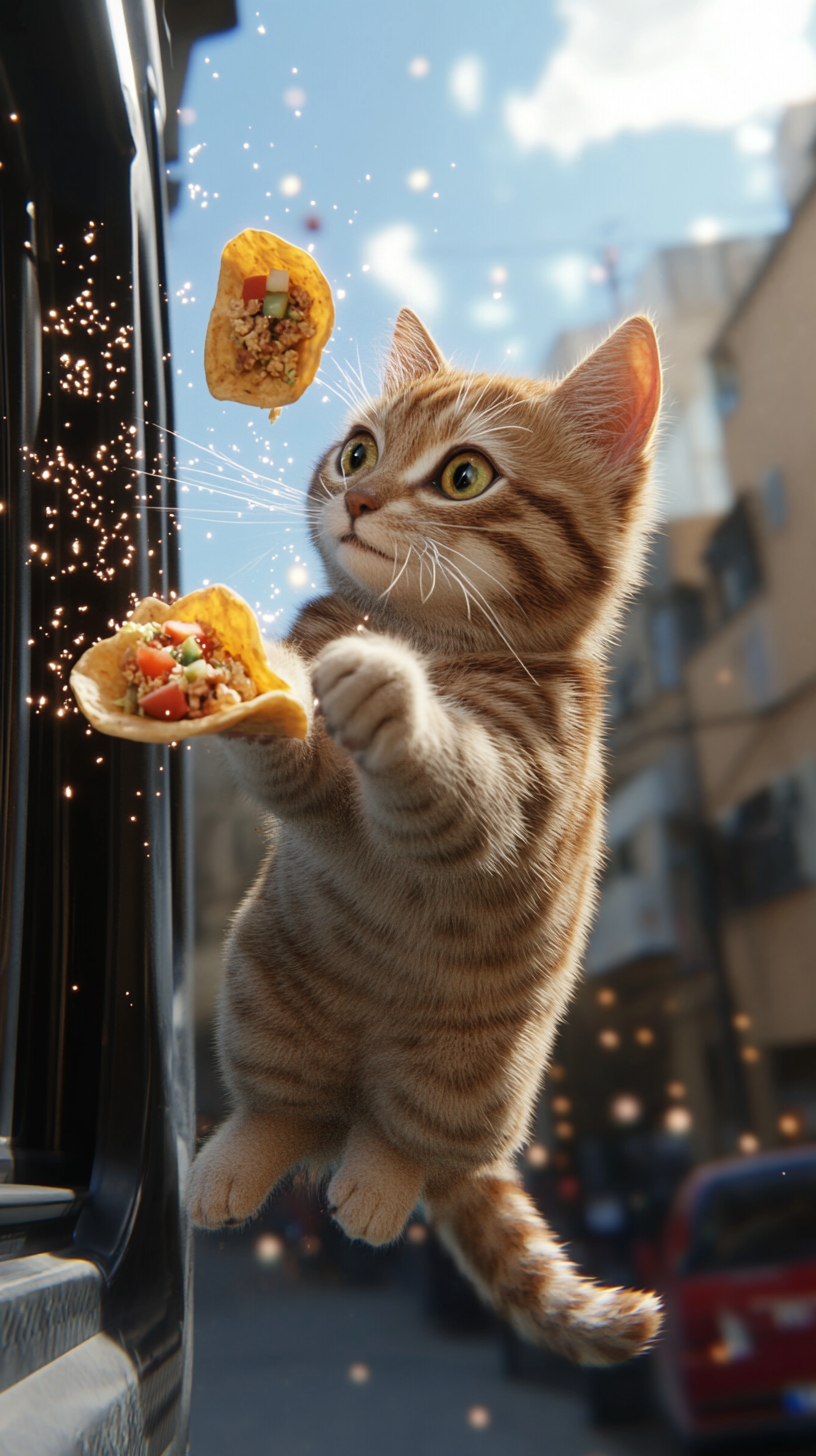 A leaping cat catches tacos with sparkly energy.