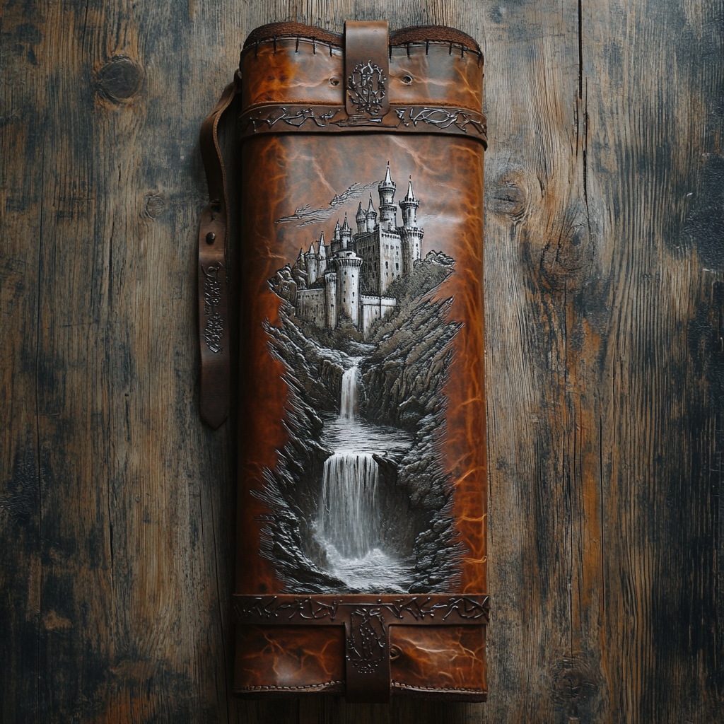 A leather quiver with silver castle etching.