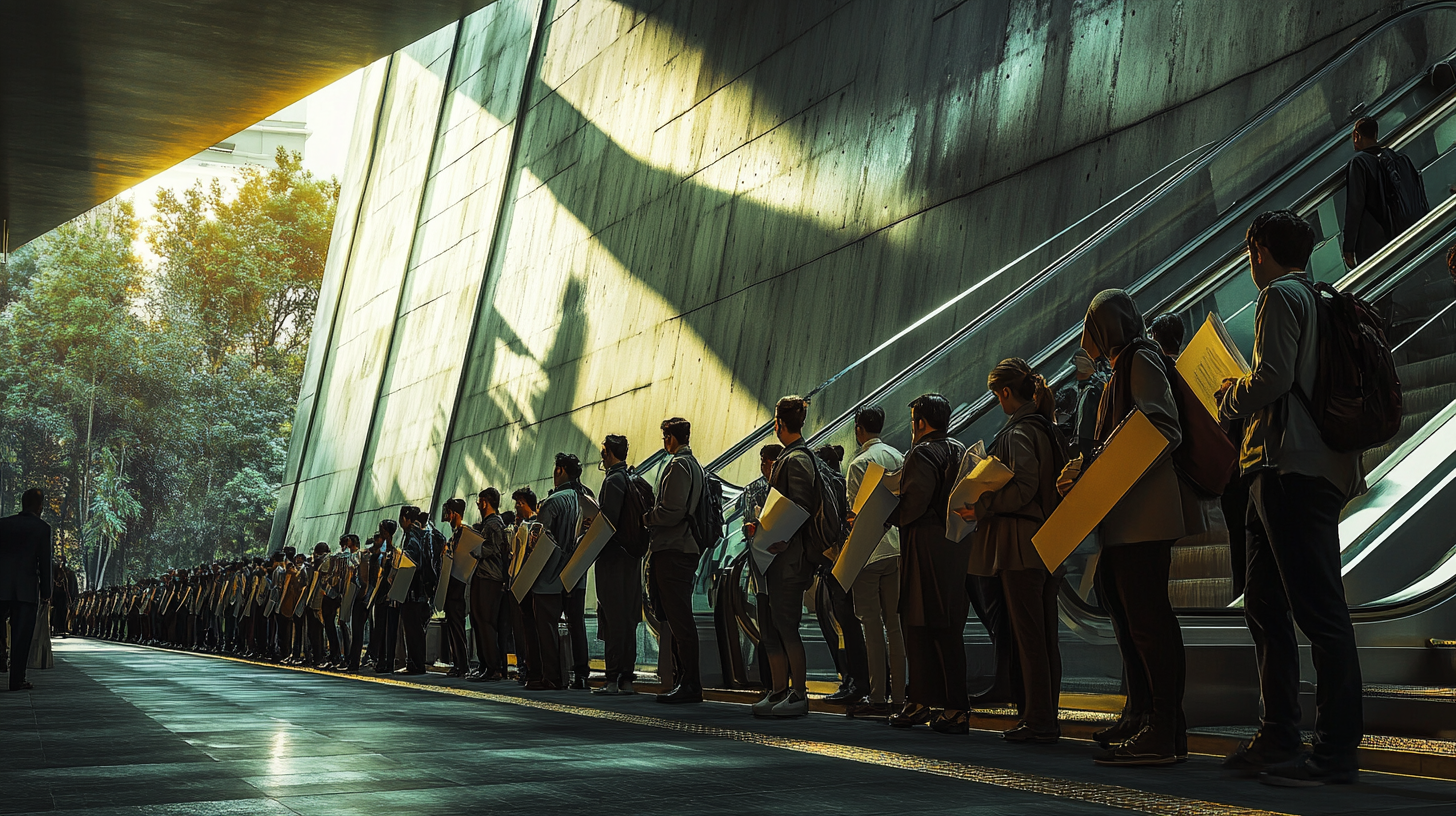 A line of tired office workers queue for escalator.